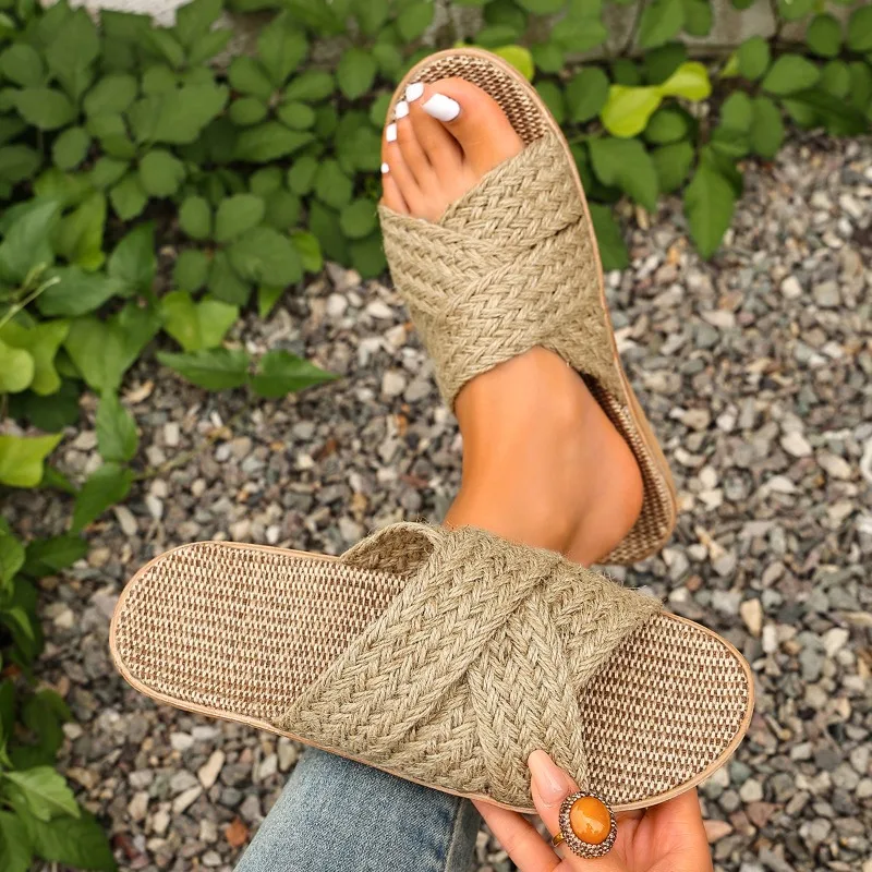 Summer New Fish Mouth Open Toe Women's Weaving Style Comfortable Color Blocking Slippers Women Vintage Beach Lightweight Sandals