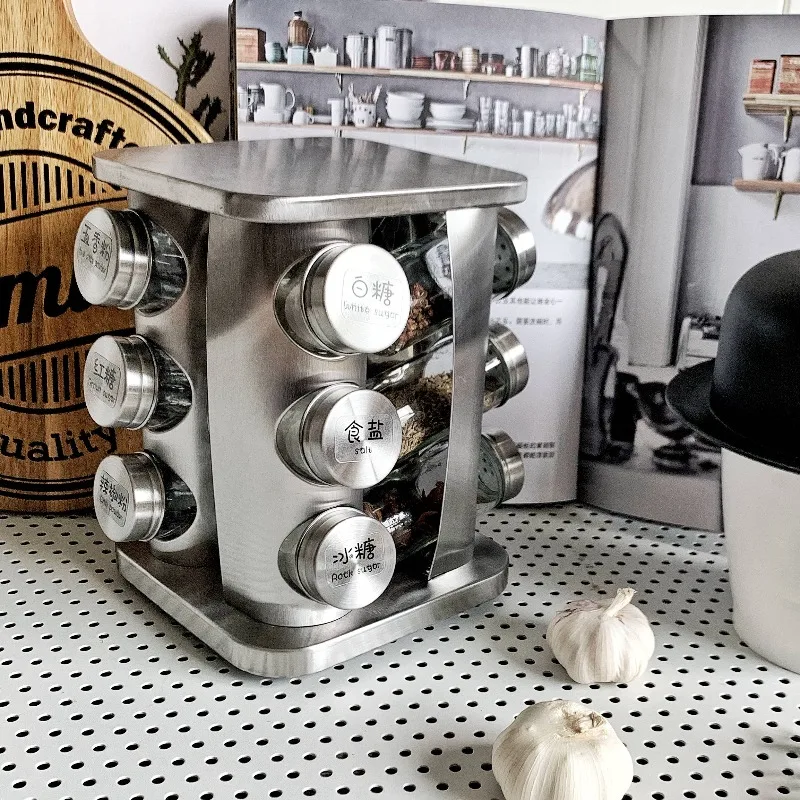 

Rotating Spice Rack Organizer Stainless Steel Kitchen Countertop Storage Holder for Seasonings Container Modern Condiment Jars