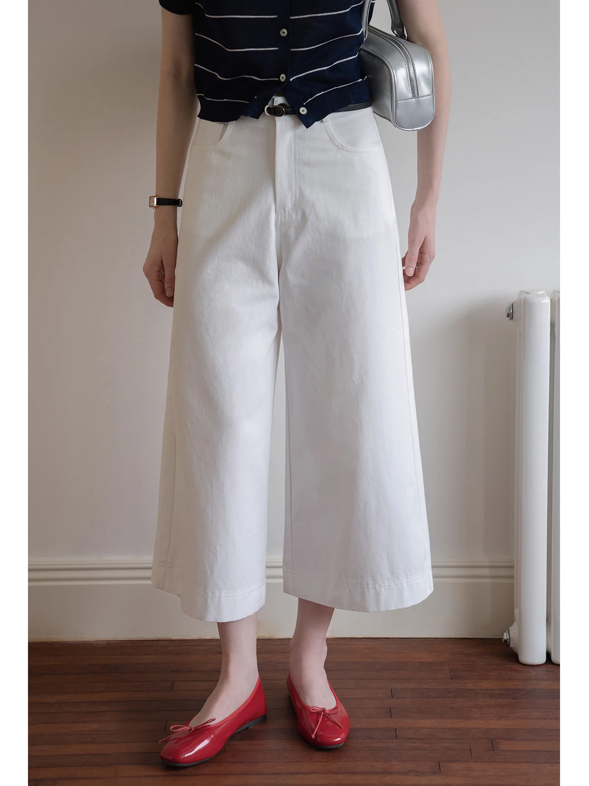 

Повседневные свободные широкие брюки белого цвета с поясом, укороченные (7 дюймов), Eggka, с высокой талией, прямого кроя, из полиэстера, в корейском стиле