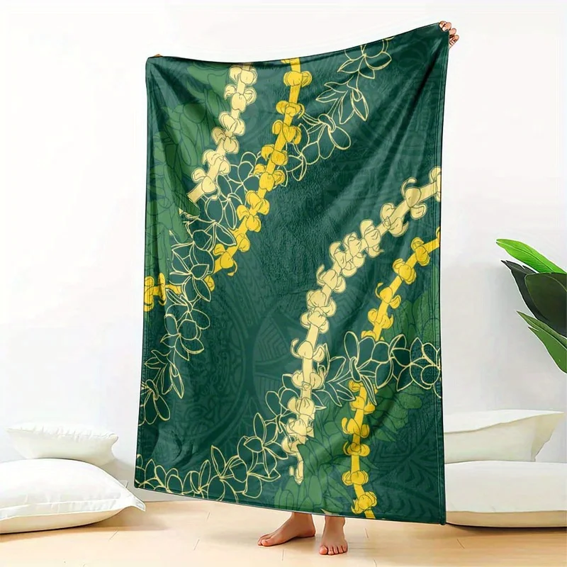 Manta floral verde y amarilla de inspiración hawaiana: poliéster suave, lavable a máquina, perfecta para sofá, cama o regalo