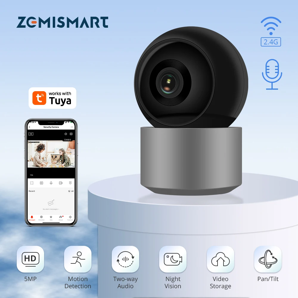 5MP WiFi Pan/Tilt Camera Work with Tuya Smart App Support Night Vision HD Video Two Way Intercom Pet Monitor Baby Cry Detection