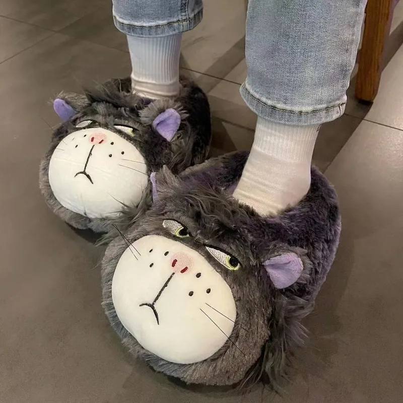 Disney Cartoon Cat Lucifer New Cute Home Cotton Shoes Women Luxury Design Indoor Fuzzy Slippers Y2k Girl Soft Plush Flat Shoes