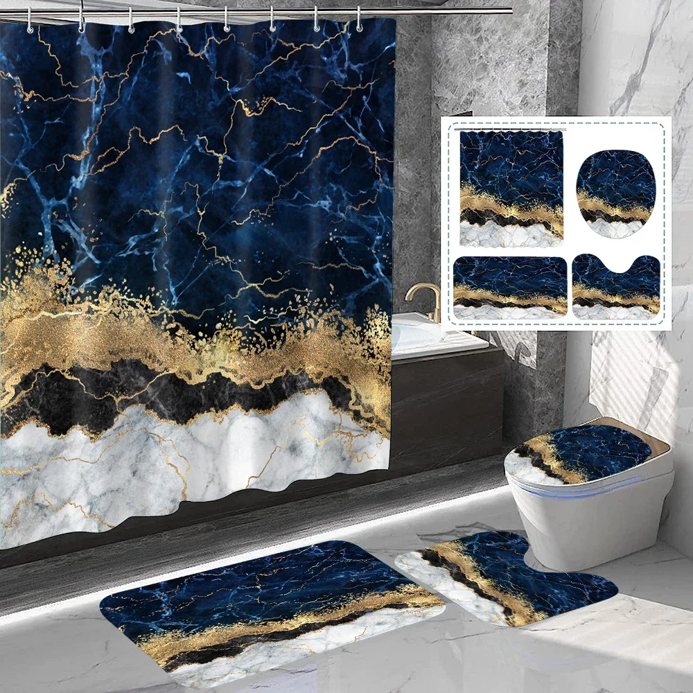 1 set of blue and white gold marble printed shower curtains, modern minimalist style, with 12 hooks and bathroom flooring