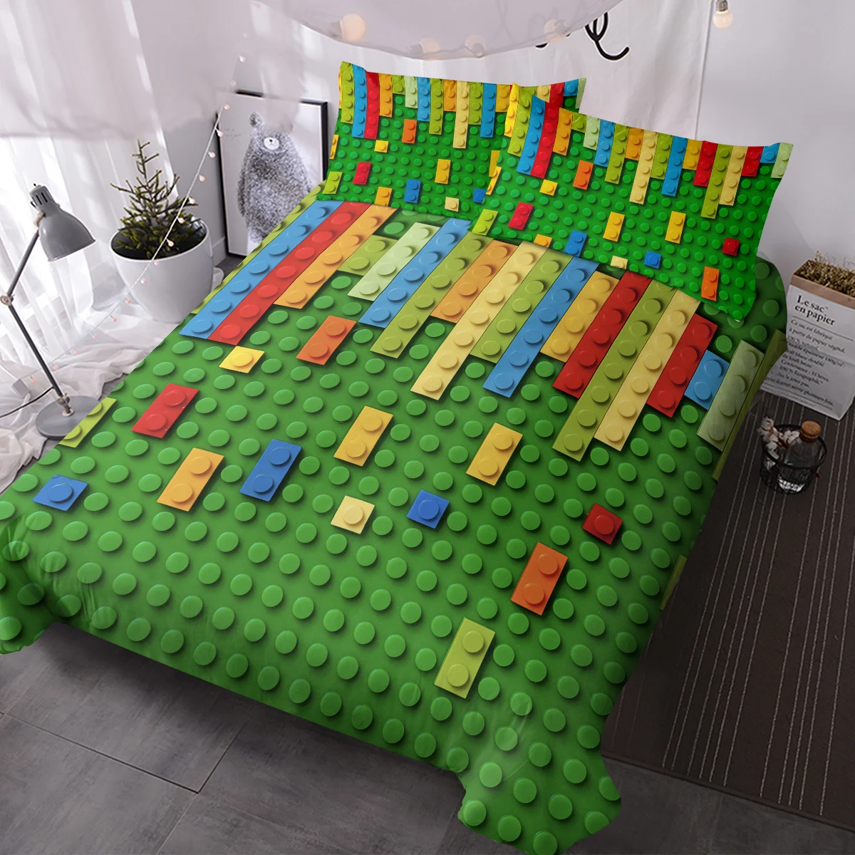 Green Building Block Duvet Cover Set, Colorful Brick Print Bedding Set ...