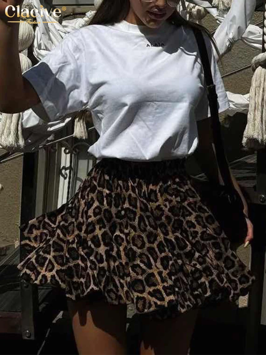 Clacive Fashion Leopard Print Women's Skirt Vintage High Waist Mini Skirts Skirt Elegant Classic Pleated Female Clothing 2024