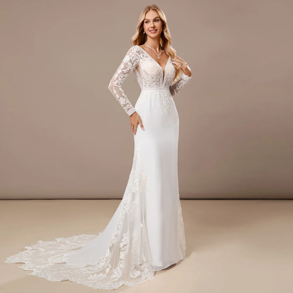 Ivory V Neck Wedding Dresses for Ladies Elegant Mermaid Bridal Gowns Exquisite Full Sleeve Vestidos De Novia New 2026 LC0024