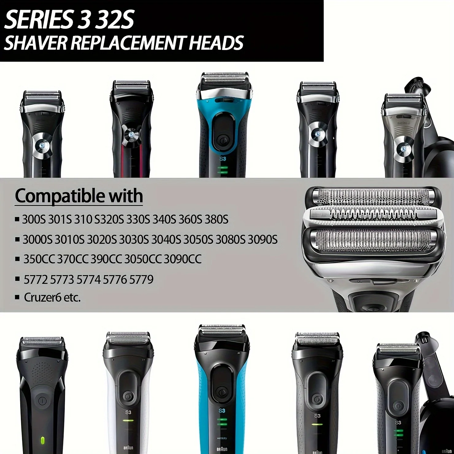 32B/32S Shaver Head for Series 3 Replacement Foil & Cutter Cassette 3000s 3010s 3020s 3030s 3040s 3050cc 3070cc 3080s 3090cc
