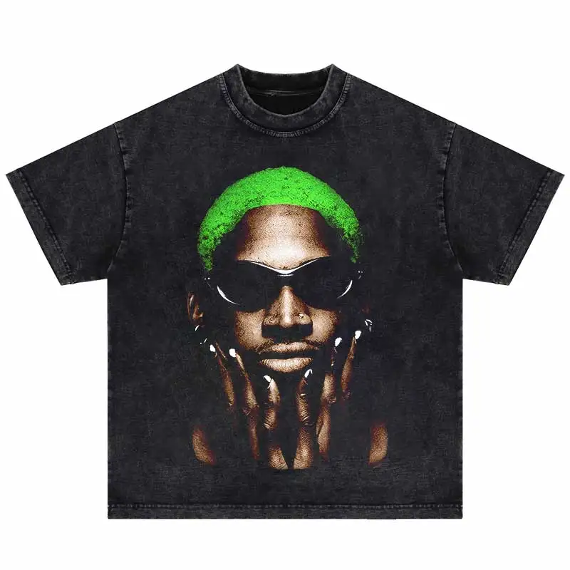 Fashion Vintage Washed Short Sleeve Summer T-Shirt Men Hip Hop Streetwear Dennis Rodman Portrait Print T Shirt Cotton Casual Tee