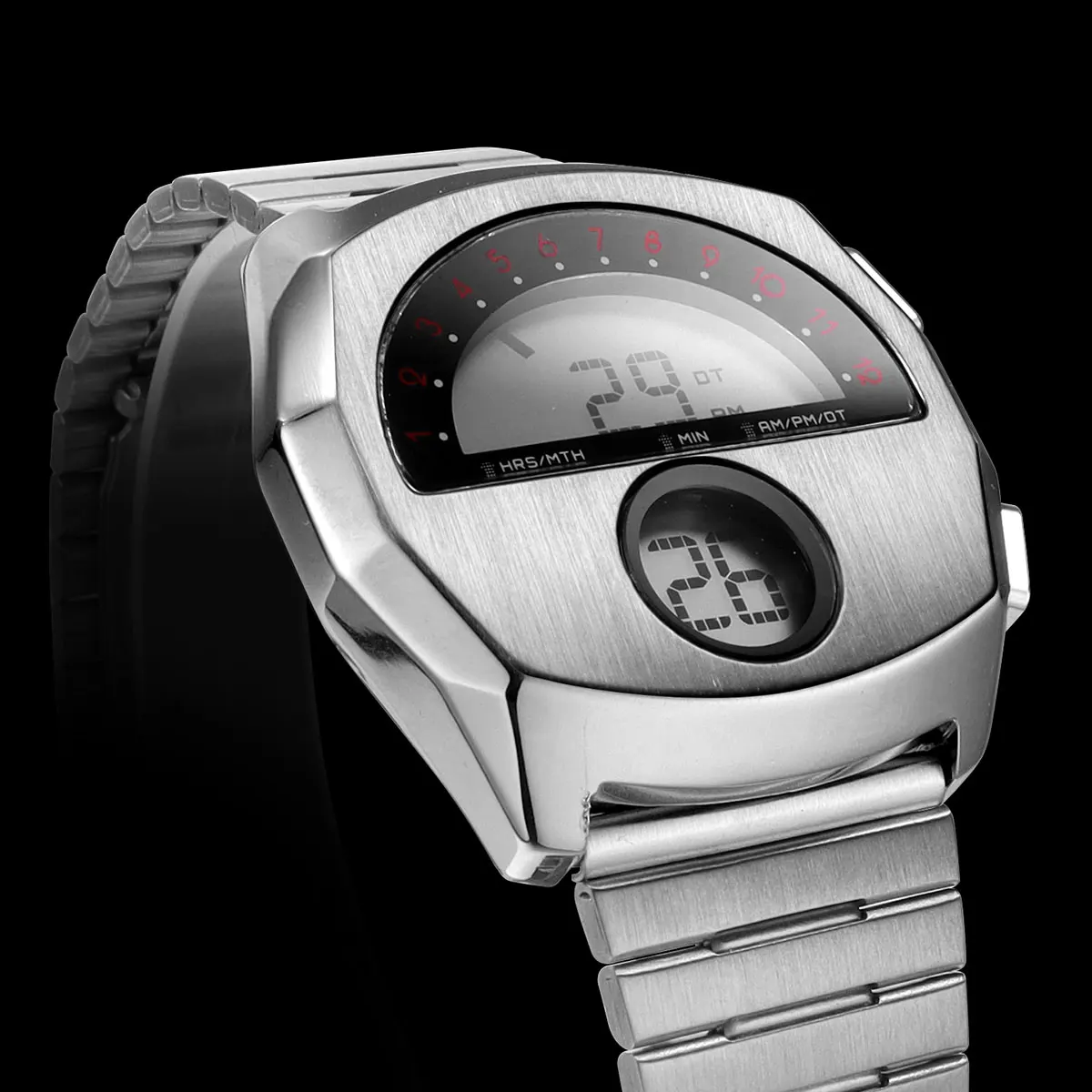 Retro Futuristic Stainless Steel Electronic Watch for Men with Dual Window Display Waterproof Casual Cool Digital Wristwatch