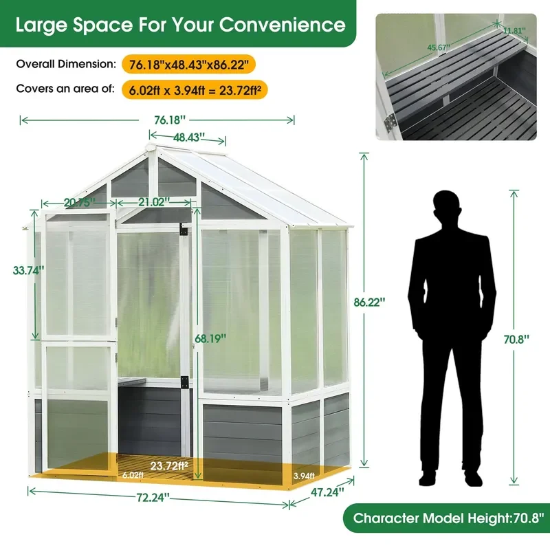 76x48x86 Walk-in Outdoor Plant Gardening Greenhouse Wooden Greenhouse Polycarbonate Front Entry Door for Patio Backyard