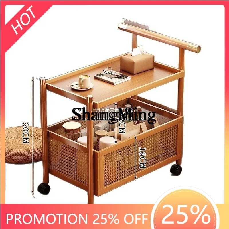 ZYYMobile Retro Small Cart Living Room Rattan Storage Shelf Sofa Coffee Table Internet Celebrity Restaurant Serving Cart