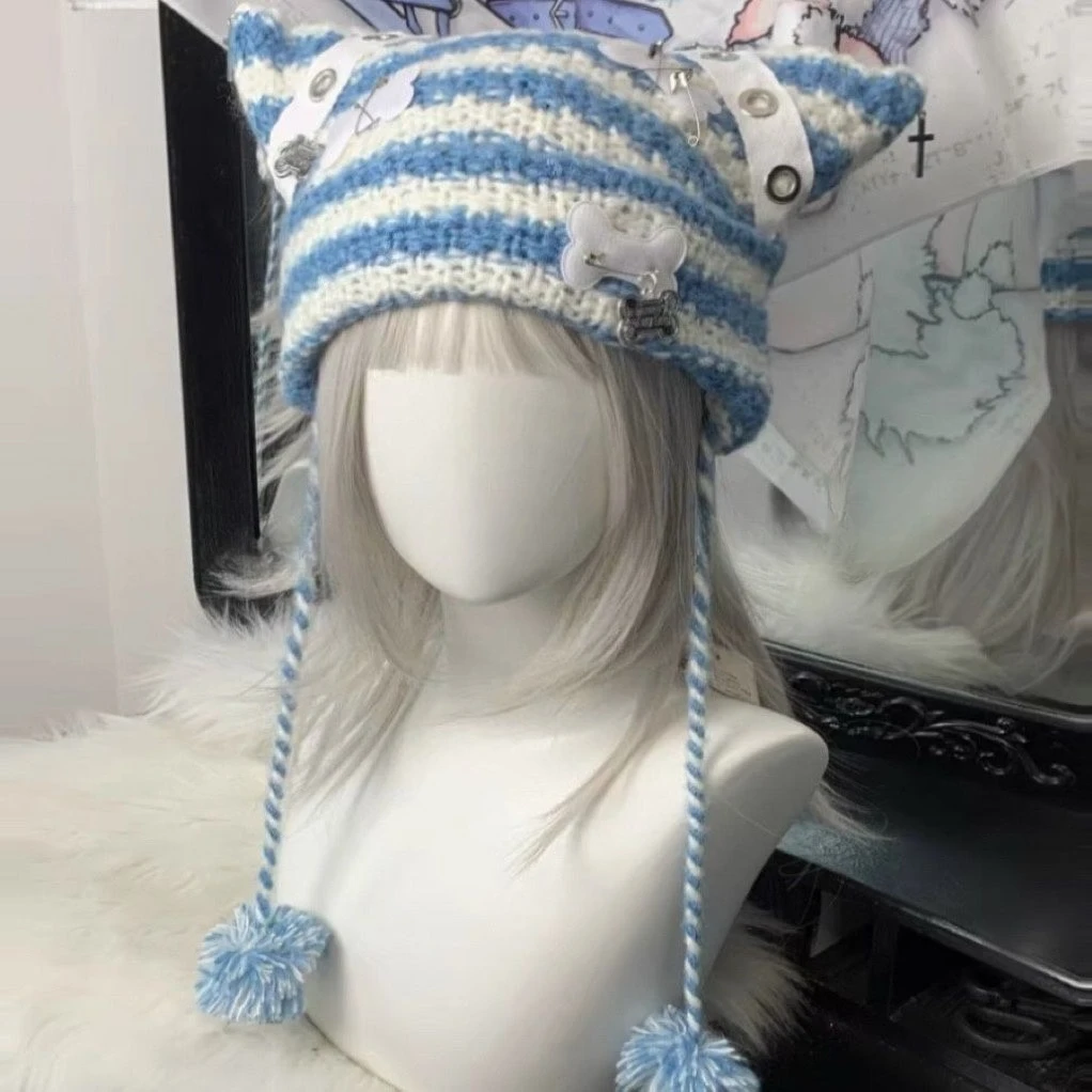 Y2k ثقافة فرعية فتاة قبعة Harajuku أرنب الأذن قبعات القوطية الشرير Kawaii الخريف 2025 الدافئة شريط نمط قبعة الدفء قبعة 2025