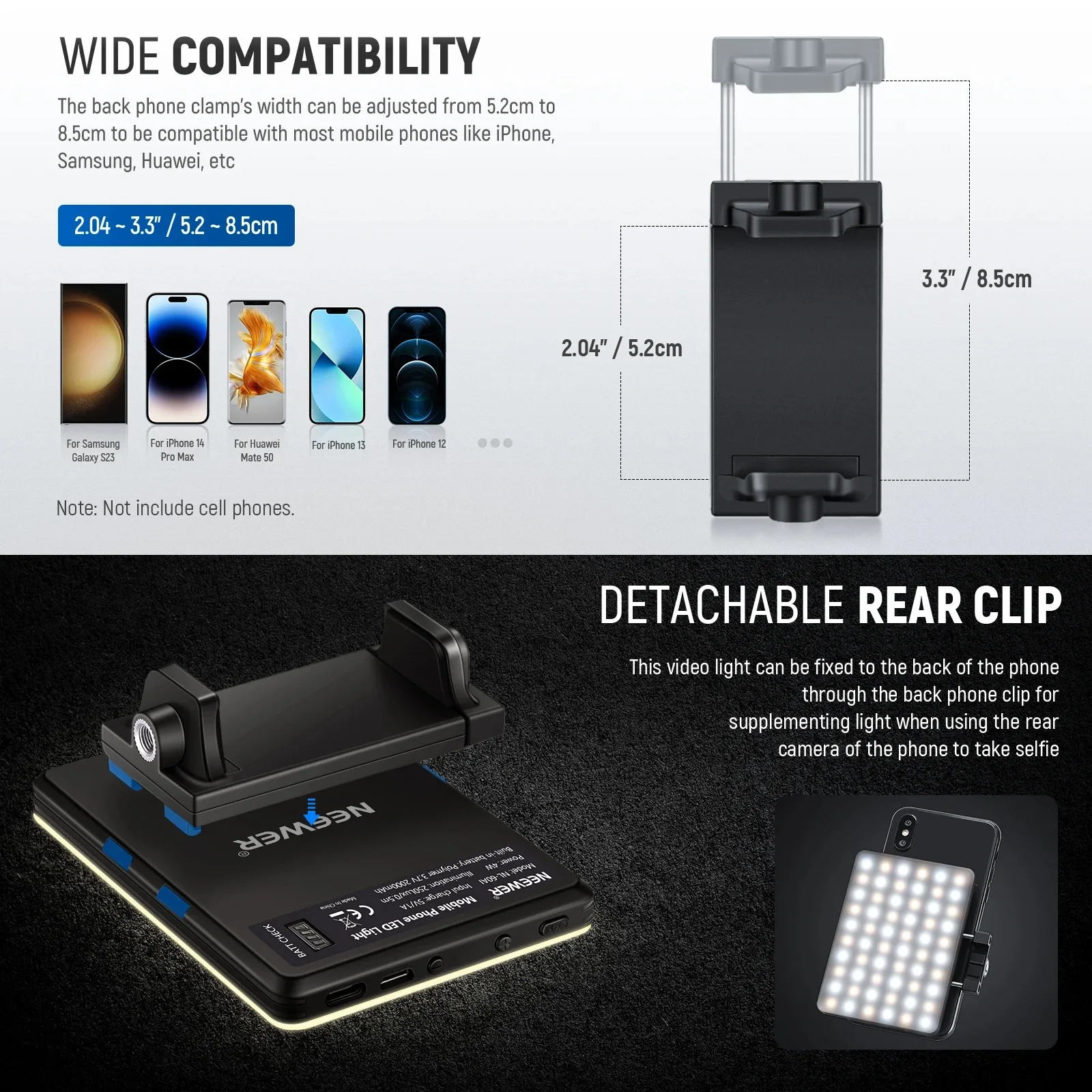 Pour 2 pièces Selfie lumières 60 LED haute puissance 95 + CRI téléphone lumière 2000mAh Rechargeable vidéo lumière avant arrière téléphone pince