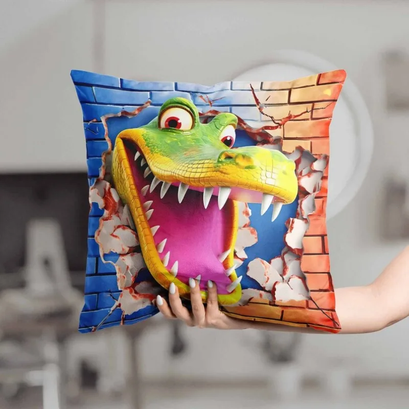 Crocodile Cracked Wall pillowcase Animal Cushion Smashed Wall Home Decor Boys Birthday Gift For Son Funny Pillow Graffiti Wall