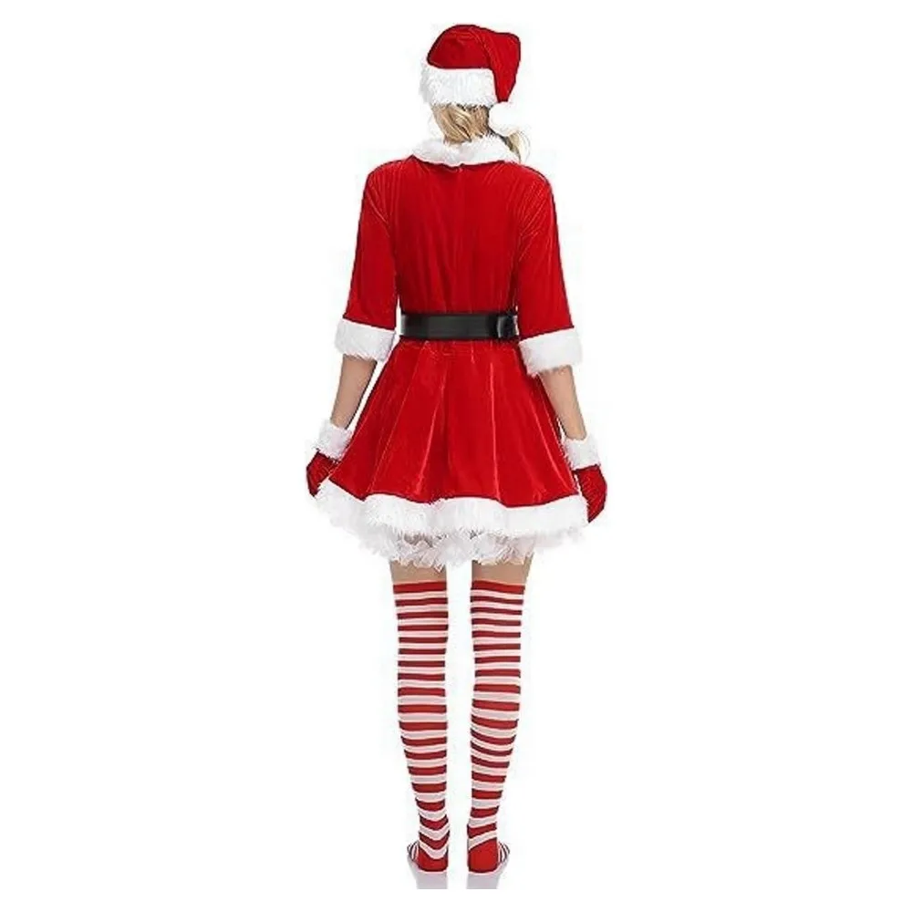 Conjunto de Disfraz de Mamá Noel Rojo con Cinturón, Gorro de Santa, Guantes, Falda para Árbol de Navidad, Vestido de Navidad, Traje de Fiesta, Disfraz Navideño