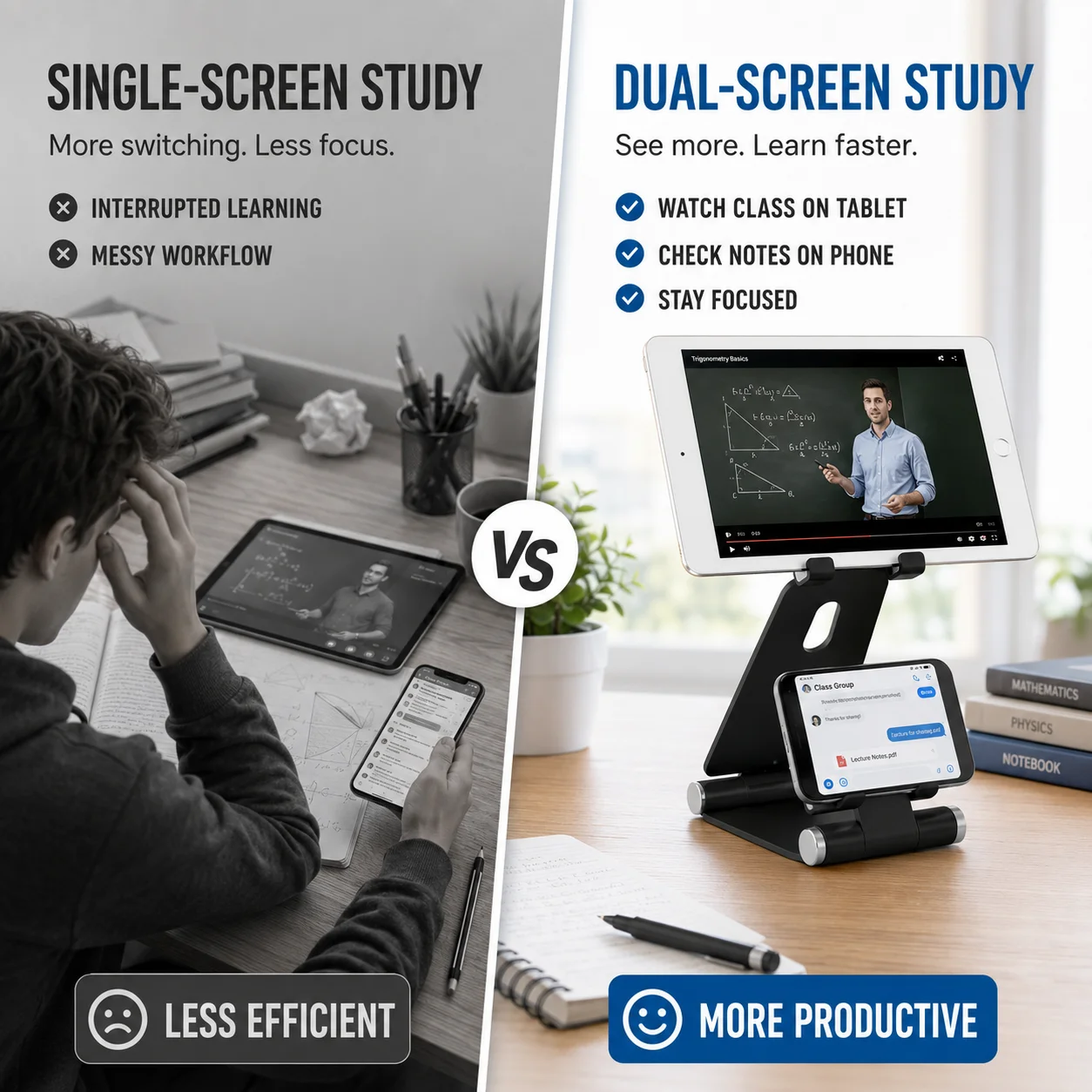 2-in-1 Dual Slot Aluminum Foldable Stand for Phone & Tablet, Multi-Angle Adjustable Desktop Holder, Sturdy Base