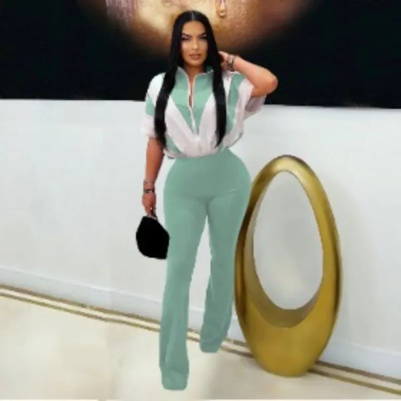 

GUWU Sporty Women's Set Short Sleeve Patchwork Jacket and Flare Pants Fashion Summer Two 2 Piece Sets Outfits Tracksuit