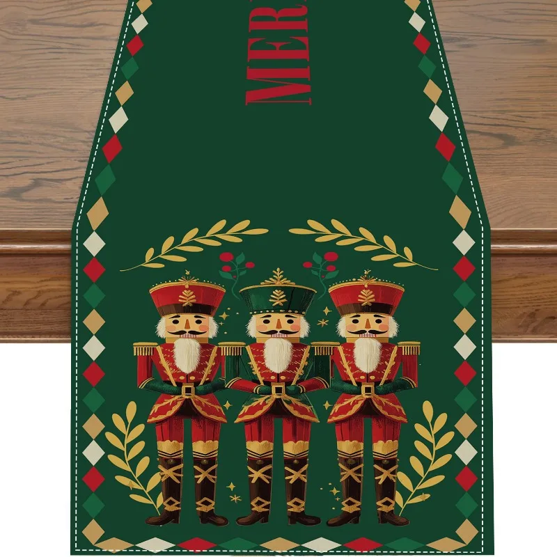 Merry Christmas Nutcracker Holly Linen Table Runner Party Decor Reusable Winter Kitchen Dining Table Runner Christmas Decoration