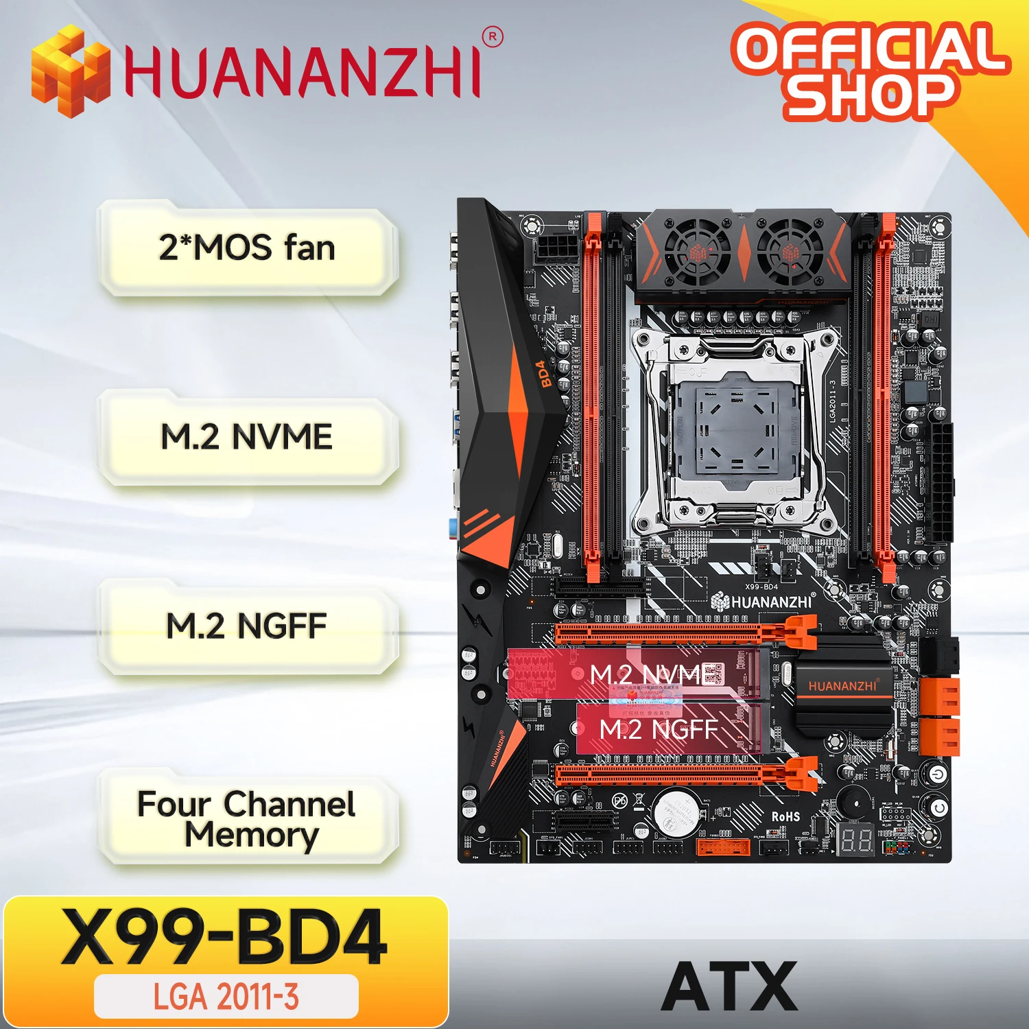 

HUANANZHI X99 BD4 LGA 2011-3 XEON X99 Motherboard supports Intel E5 2640 2666 2670 2696 2678 V3 V4 DDR4 RECC NON-ECC NVME NGFF