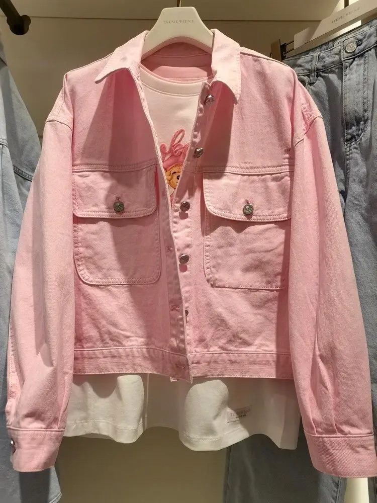 وصول DisneyFall الجديد: سترة من قماش الدنيم الوردي الفاتح على الطراز الكوري للنساء بتصميم قصير على الموضة لأحجام صغيرة