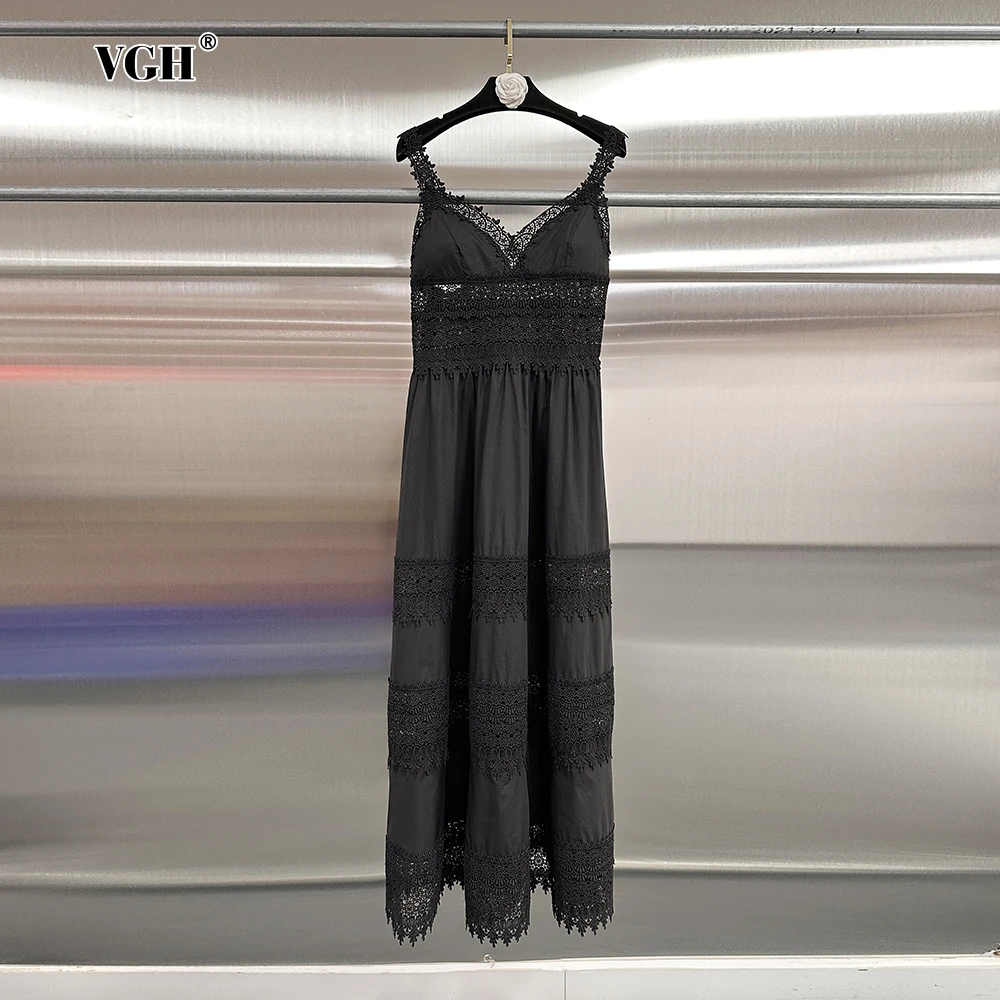 

VGH White Sexy Beach Style Long Dress for Women V Neck Sleeveless High Waist Patchwork Hollow Out Backless Dresses Female Summer