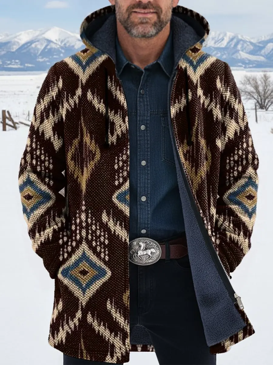 Vintage Aztec 3D Printed Plush Thick Long-Sleeved Cardigan Coat Men's Thick Warm Jacket