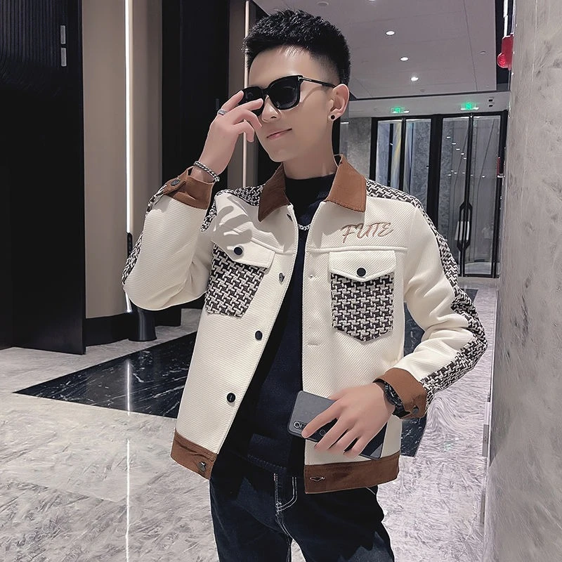 

​Heavyweight Korean Cargo Jacket for Men 2025 Lapel Collar Houndstooth Colorblock Winter Coat with Wool Blend​
