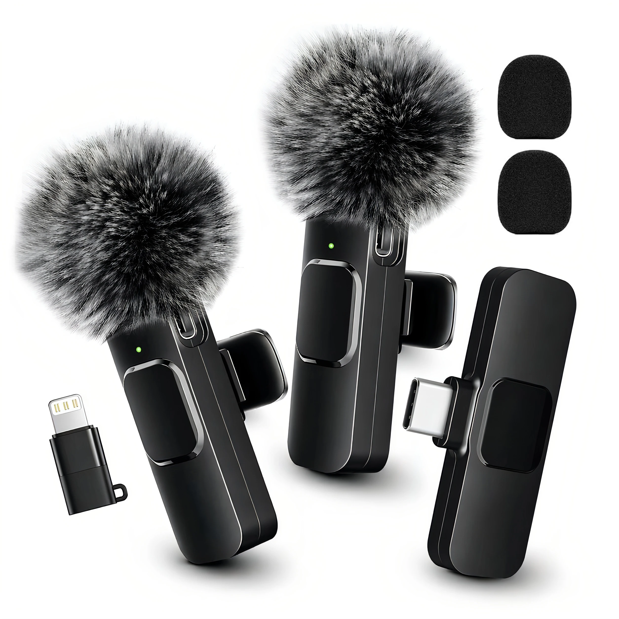 Microfone Lavalier Sem Fio com Protetor de Vento Peludo, Adaptador Tipo-C e Lightning, Microfone Mini com Clipe, Compatível com Android, iPhone, Tablets, Laptops