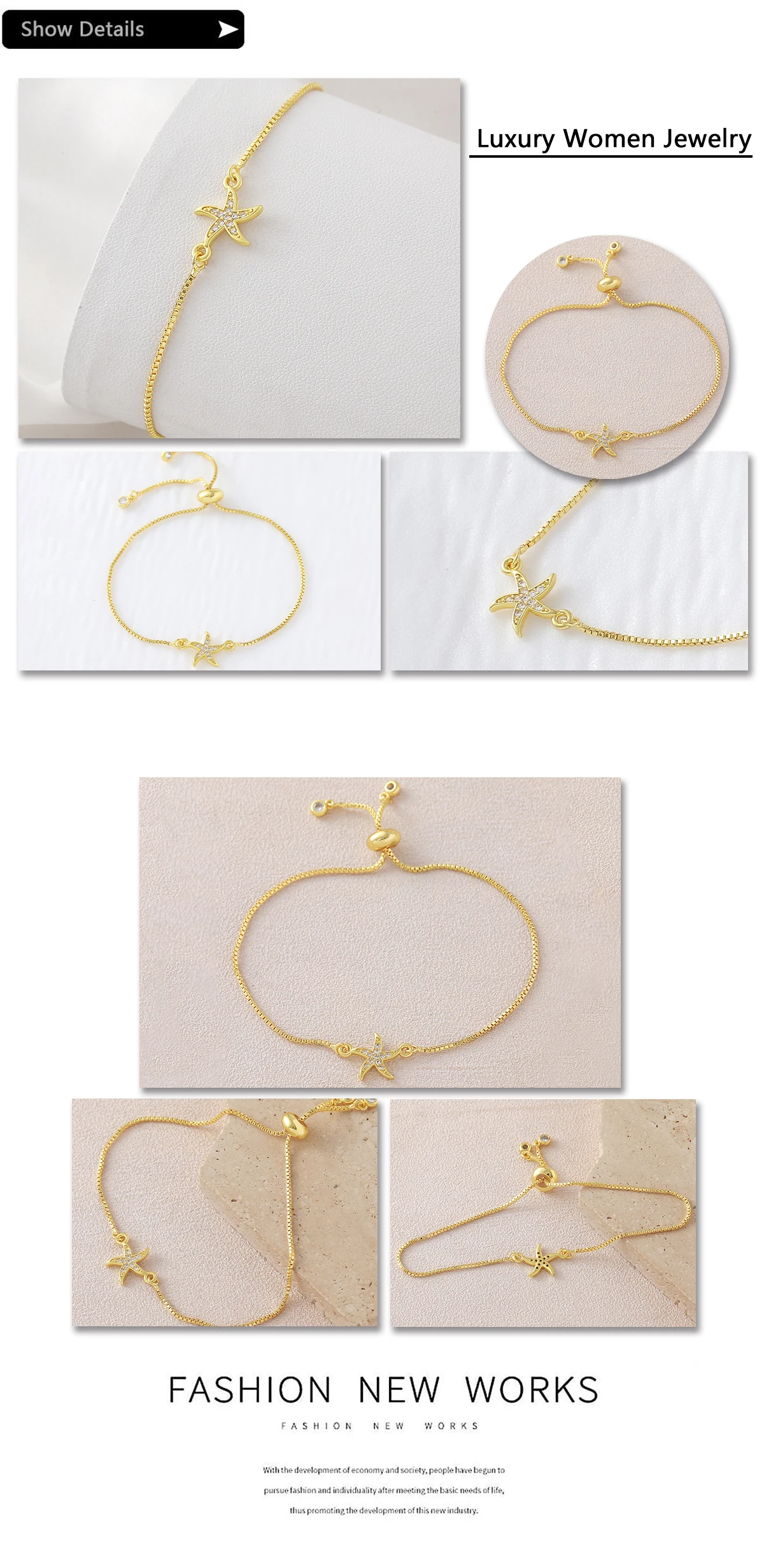 MHS.SUN Armbänder mit Seestern-Anhänger aus kubischem Zirkonia für Damen und Herren, klassische vergoldete Kette, Sommer-Schmuck, Geschenke, verstellbar – Detail 16
