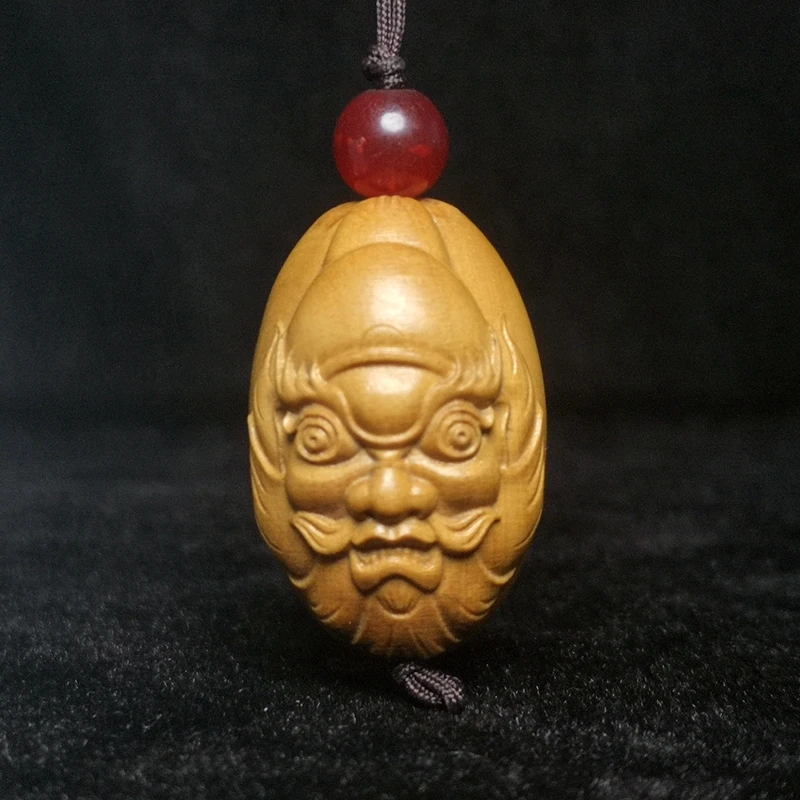 1919 Antique art Size 1.2 Inch Chinese Boxwood Wood Carved two-sided Zhong Kui Head Netsuke Pendant Gift Collection