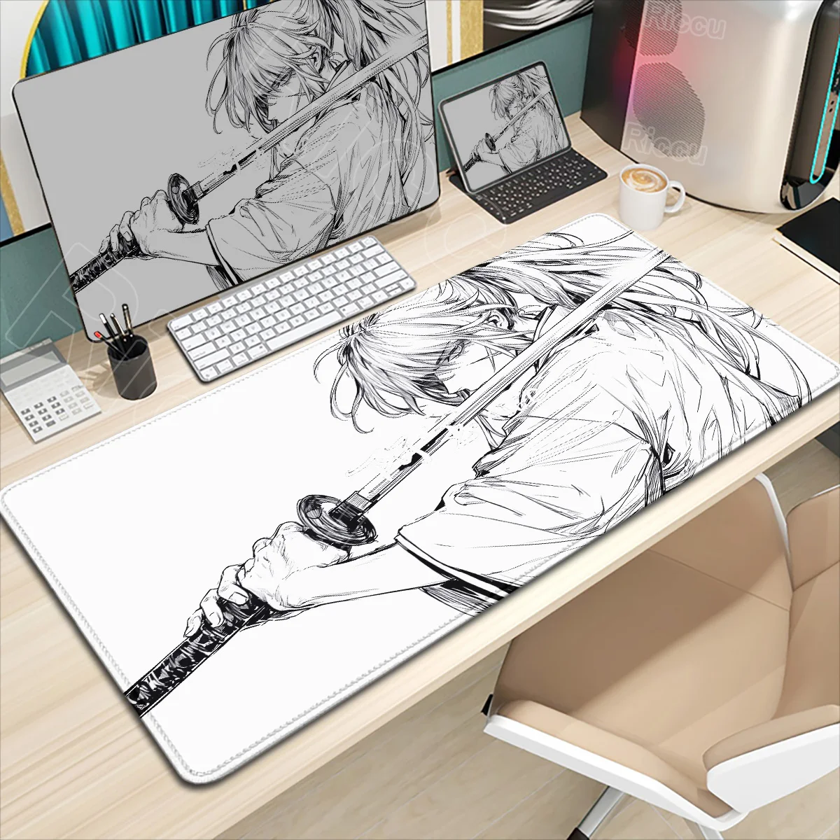 Alfombrilla de ratón con estampado HD de Anime Rurouni Kenshin, alfombrilla antideslizante para escritorio de juegos, accesorios para juegos de PC, alfombrilla para teclado Prime 900 × 400 XXL