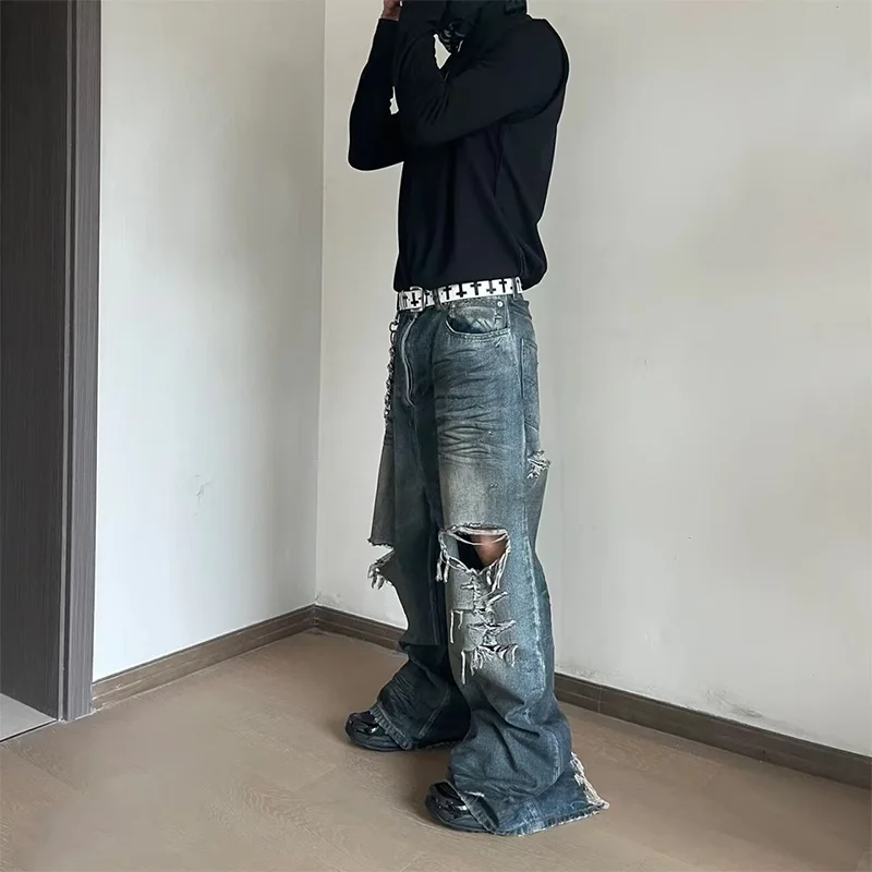 남녀공용 데미지 홀 배기 와이드 레그 진 스트리트웨어 캐주얼 로파 옴브레 데님 트라우저 오버사이즈 팬츠
