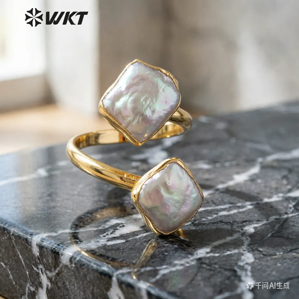 WT-R325 WKT Natural freshwater pearl rings double square shape adjustable rings gold metal plated new designer women jewelry