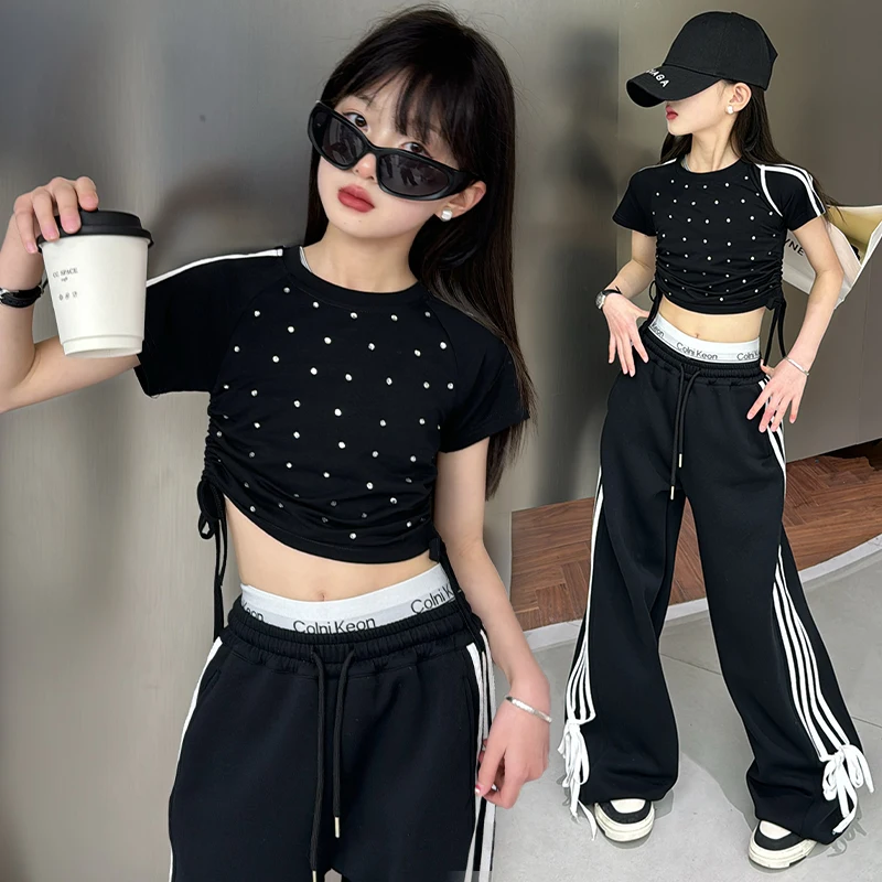 summer teen girl sport clothes suit short t-shirt+Wide leg pants 2pc 4-14 kid tracksuit child clothing set ensemble fille enfant