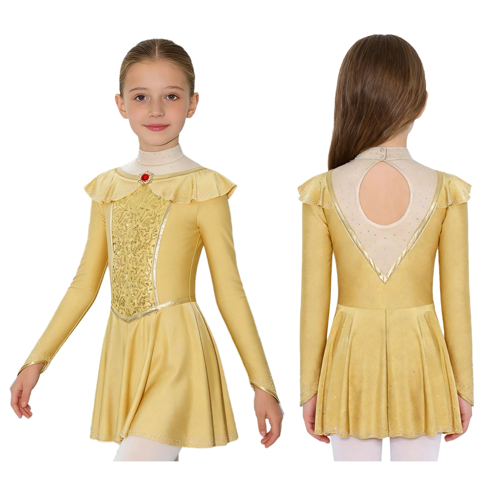 Kids Girls Figure Skating Dress Long Sleeve Shiny Rhinestones Sequins Mesh Princess Dresses Gymnastics Ballet Dance Leotard Tutu