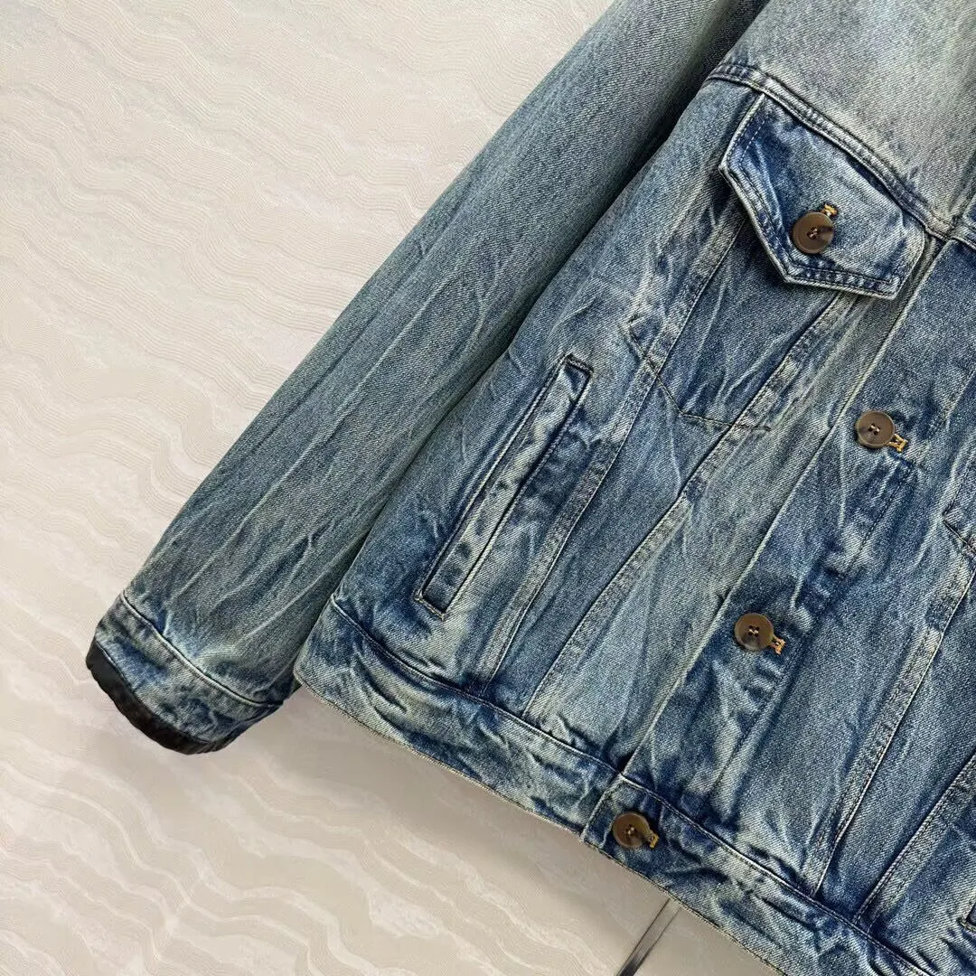 New Autumn Vintage Hot Girl Loose Blue Denim Jacket Women Leather Lapel Long Sleeve Single Breasted Pockets Loose Street Coat