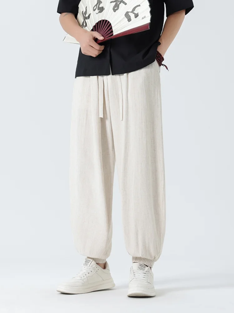 

Summer Thin Cotton Linen Men's Casual Loose Harlan Cuffed Pants Elastic Waist Long Trousers Youthful Vitali Sle Qui Dry