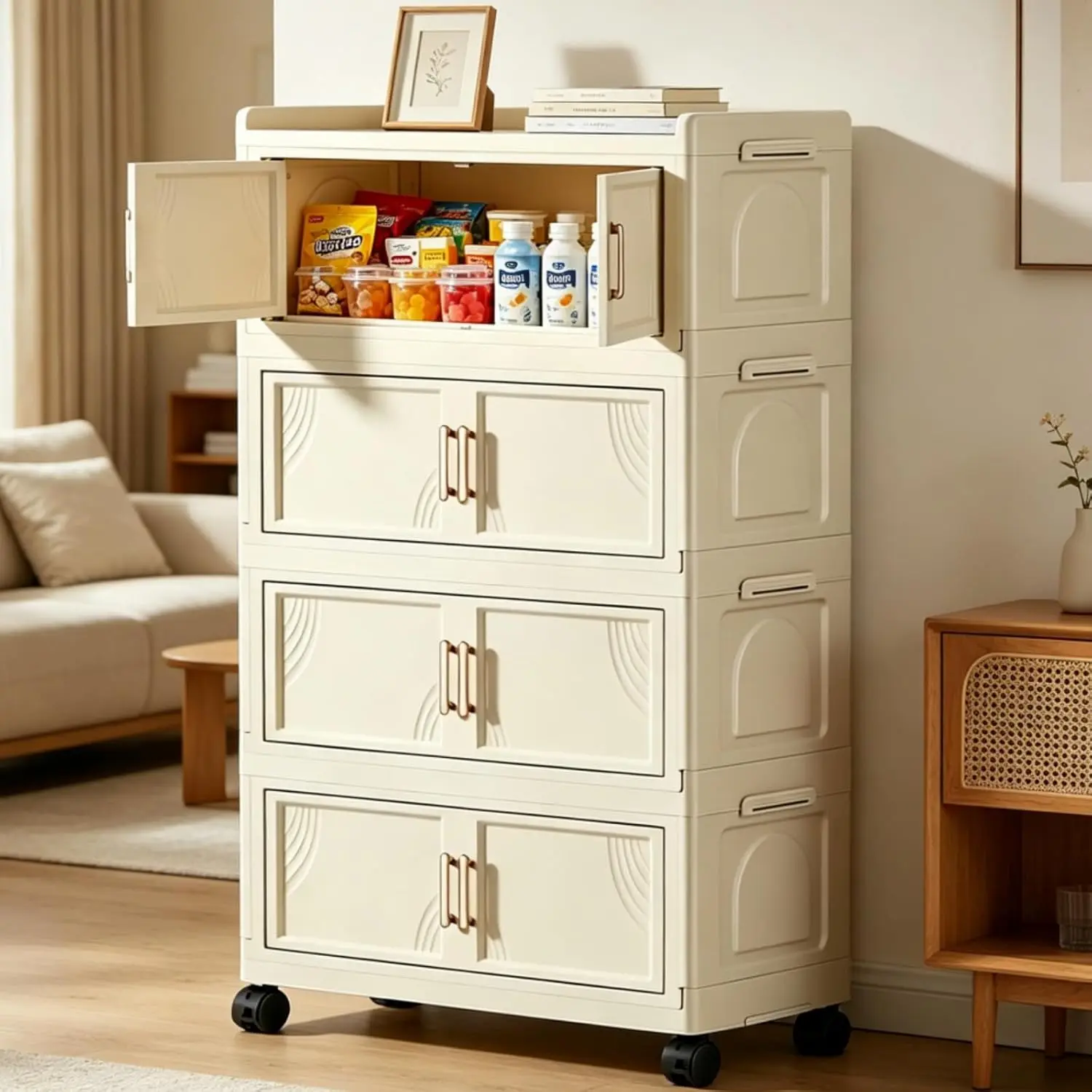 Storage Cabinet with Wheels, Foldable Storage Organizer with Doors, No Tool Required Plastic Drawers, Stackable Bins for Home, Office, Kitchen, Dorm