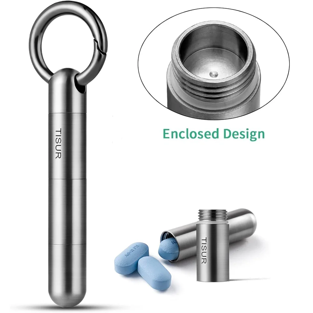 Small Keychain Pill Holder, with enclosed design, Titanium box Waterproof for Travel Purse Pocket, Portable Pill Container Box