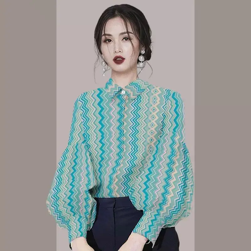 

Korean Fashion Women Shirts Stripe Blouses 2022 Spring Autumn Tops Long Lantern Sleeves Chic Office Ladies Work Shirts