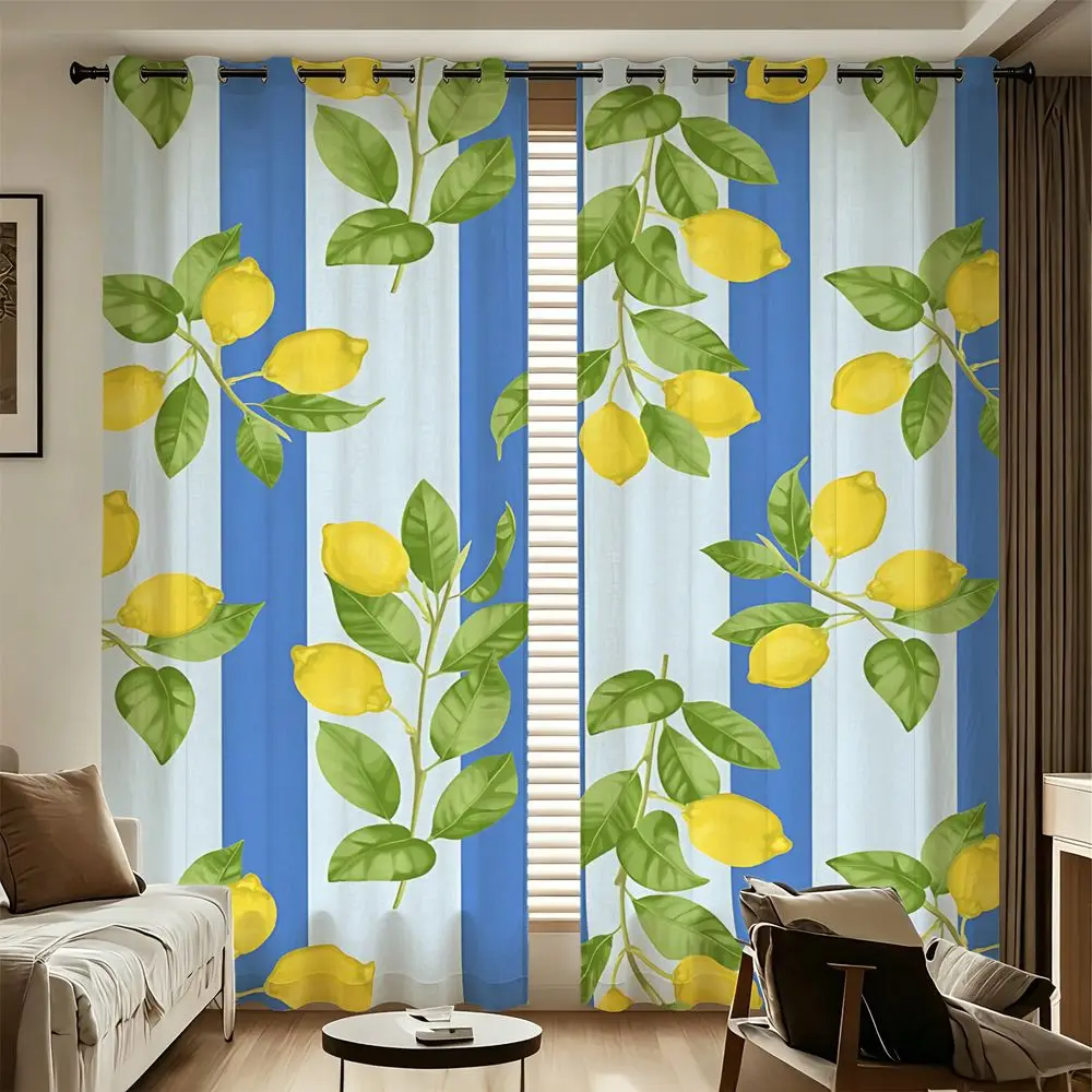 Lemon Blue Striped Printed Curtains 2 Panels Light Blocking Rate 85% Darkening Decoration Curtains Summer Home Shade