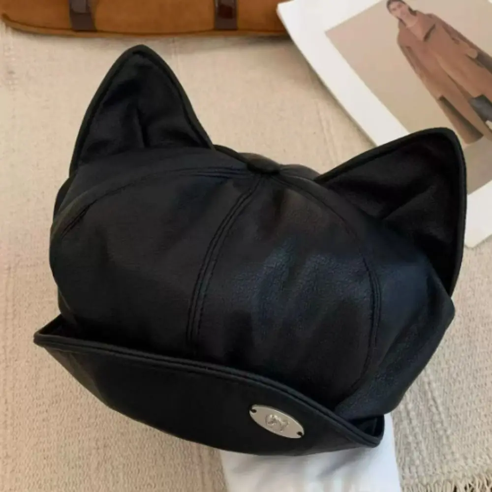 Elegant PU Leather Cat Ear Beret Cute Ear Design Retro Style Newsboy Cap Black/Coffee Painter Hat For Women Girls