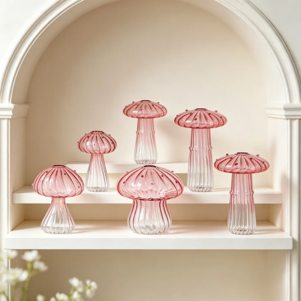 Nordic Mushroom Glass Vase 5‑Piece Set, Gradient Transparent Hydroponic Vase Tabletop Ornament for Home Wedding Holiday Decor