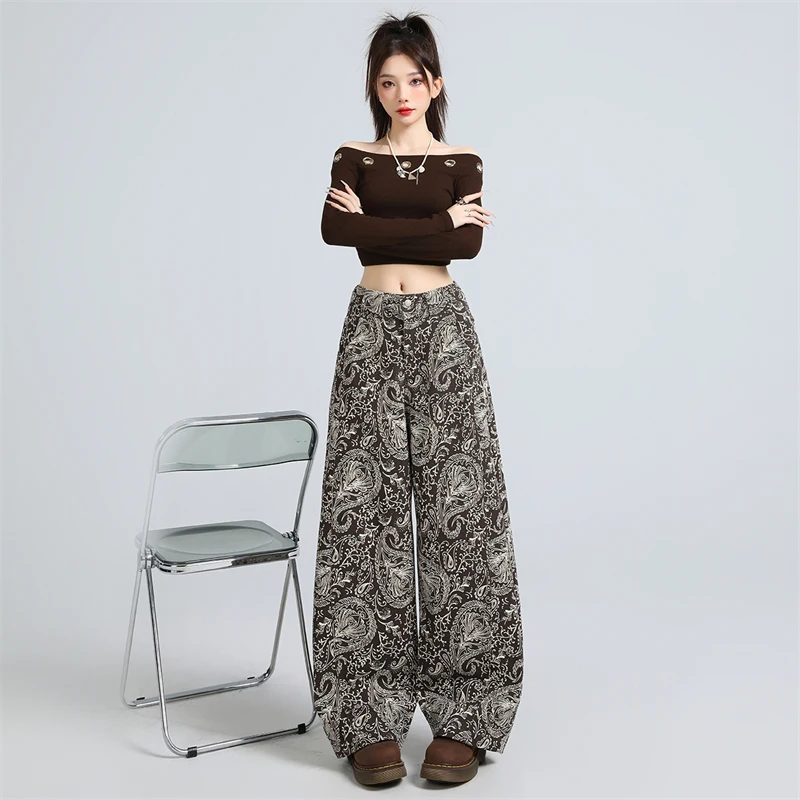 Early Autumn 2026 Women Coffee Paisley Wide Curved Jeans High Waist Loose Hip Cover Slim Floor Casual Y2K Daily Street Pants