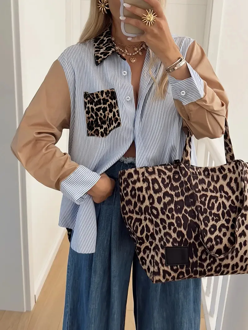 

Длинная рубашка оверсайз с леопардовым принтом и полосками, элегантная повседневная свободная рубашка, женская офисная шикарная удобная блузка с V-образным вырезом