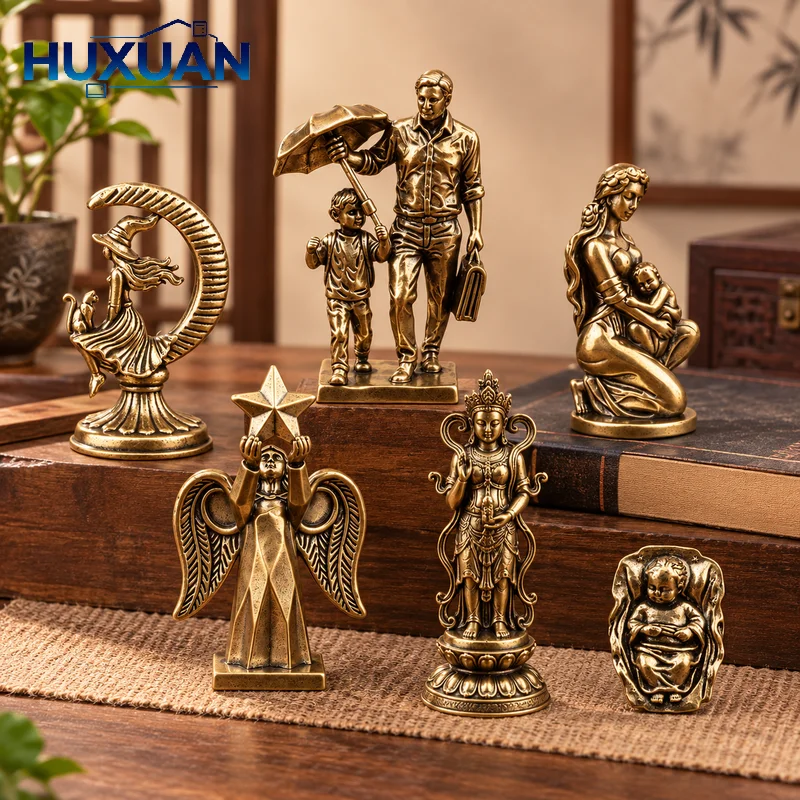 Retro Brass Mini Figurine, Family Angel Witch Goddess Baby Statue, Desktop Ornament Home Tabletop Decor Collectible Gift
