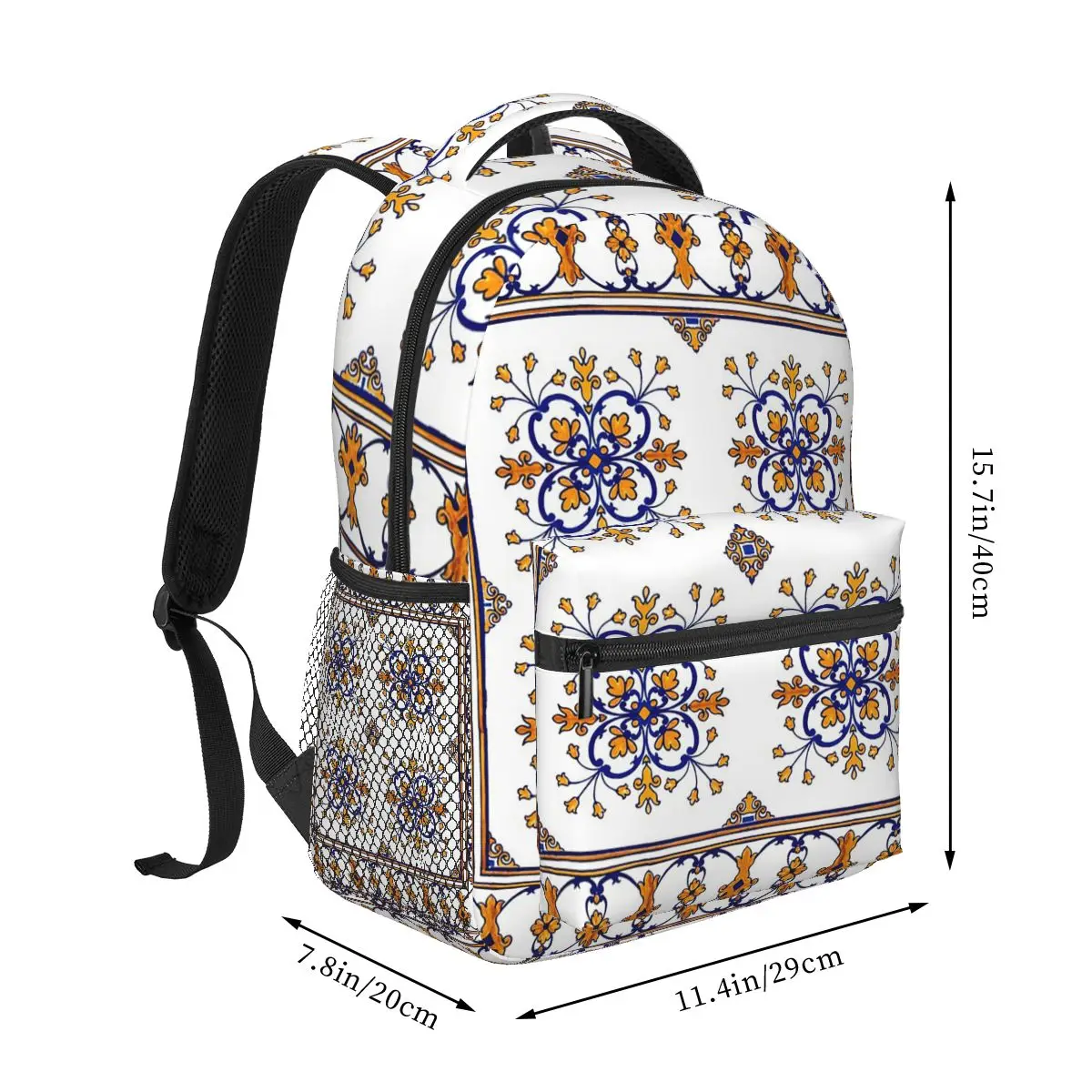 Traditional Portuguese Azulejo Blue Orange Floral Tile Student Backpack School Bag Hiking Travel Daypack Bookbag Shoulder Bags