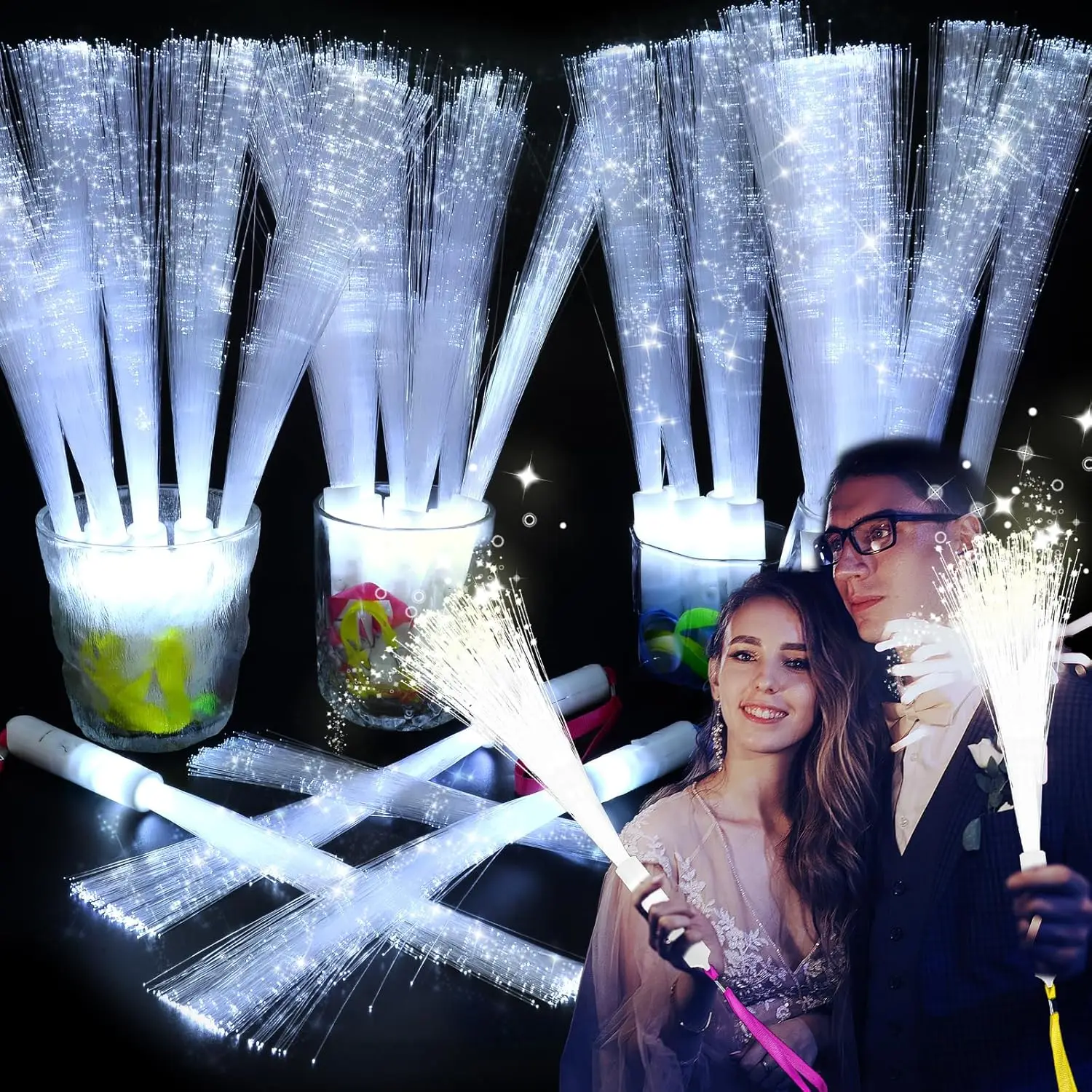 

150 PCS White Fiber Optic Sticks, Fiber Optic Wand with 3 Light Modes, Glow in The Dark Party Supplies, Wedding Party Supplie
