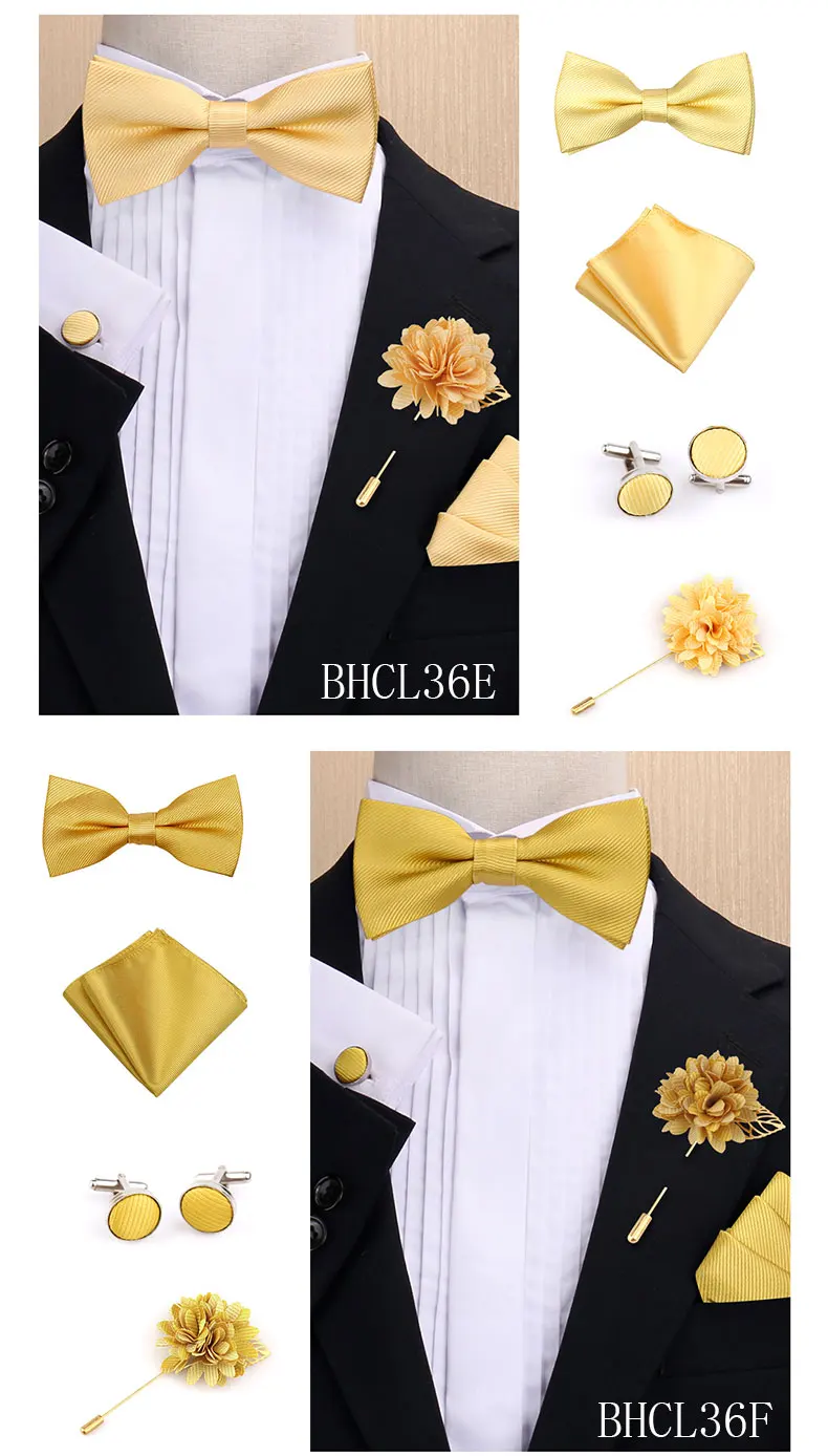 Modisches einfarbiges Fliege-Set für Herren, Fliege, Taschentuch, Manschettenknöpfe mit floraler Brosche, Anzug, Hochzeit, Business, Herren-Accessoires – Detail 7