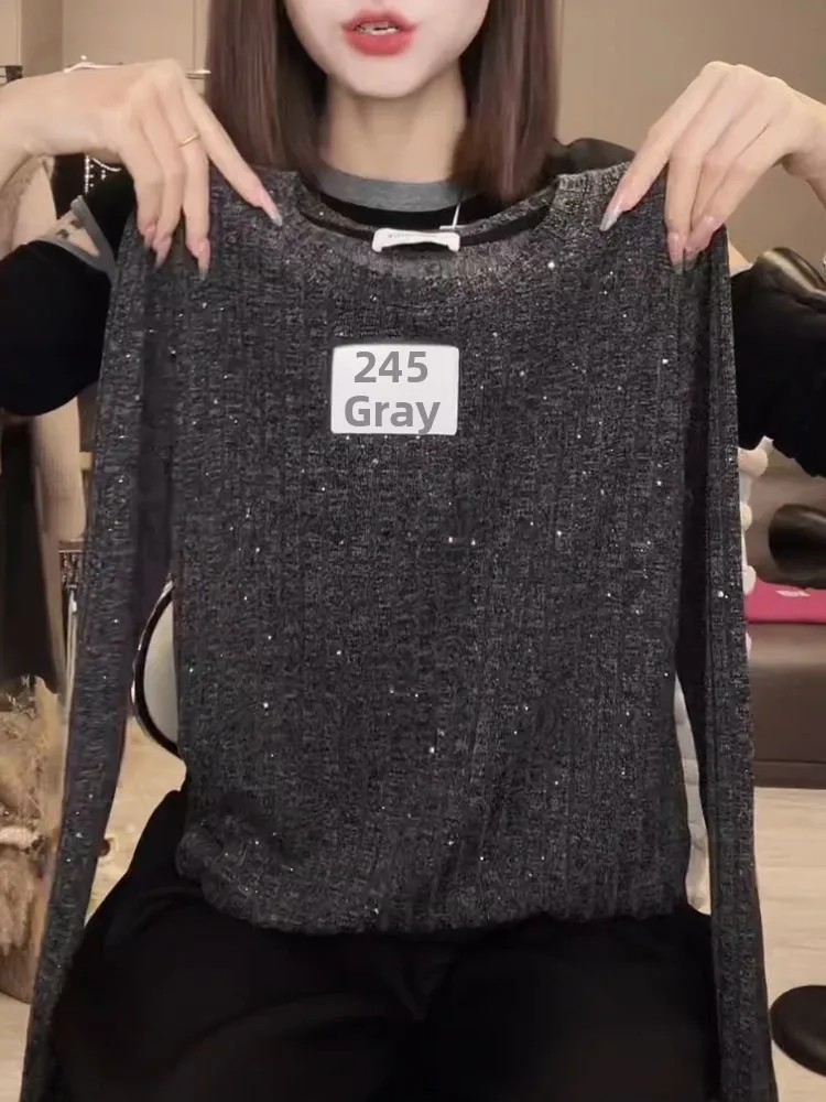 Fall Winter Grey Long Sleeve Sequin Brushed Texture Women's Top Fashionable Loose Slimming High-End Feel Commute Style T-shirt
